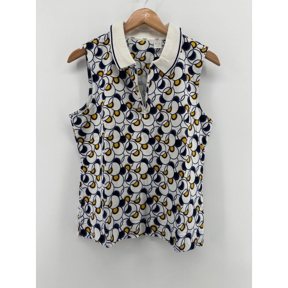 Liz Golf Polo Shirt Womens White Blue Geometric 1/4 Zip Sleeveless XL Vintage